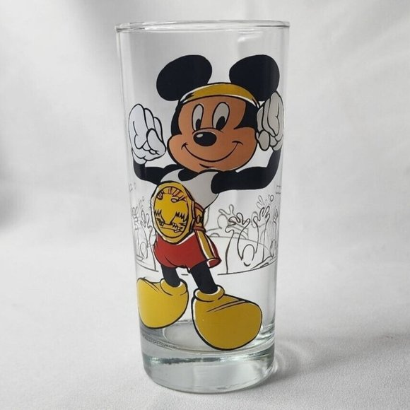 Disney Vintage Mickey Mouse Drinking Glass Champion Title Belt Headband - Picture 1 of 8